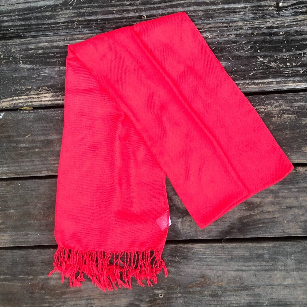 SOLD—Solid Bright Red Woven Scarf with Fringed Trim